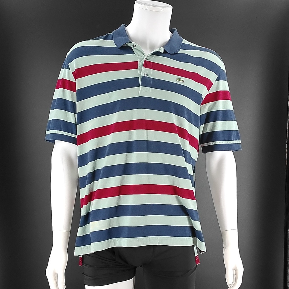 Lacoste Mens Stripe Polo Shirt Size 7 XL Blue Red Green Short Sleeve Crocodile